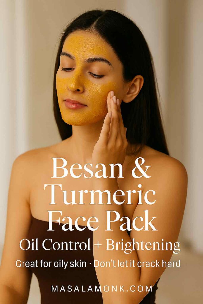 Model applying besan and turmeric face pack for oil control and skin brightening.