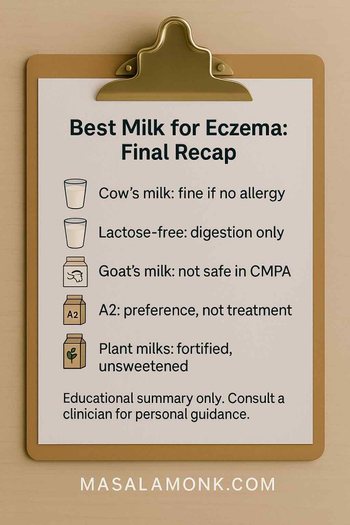 Educational infographic checklist titled “Best milk for eczema: Quick recap” with clean icons. Items listed: Cow’s milk – fine if no allergy, Lactose-free – digestion only, Goat’s milk – not safe in CMPA, A2 – preference not treatment, Plant milks – fortified and unsweetened. Disclaimer at the bottom reads: “Educational summary only. Consult a clinician for personal guidance.” MasalaMonk.com footer included.