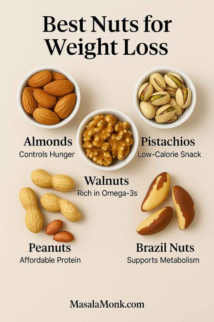 Best nuts for weight loss – almonds, walnuts, pistachios, peanuts, and Brazil nuts – rich in protein, fiber, omega-3s, and essential minerals to support fat loss and appetite control.
