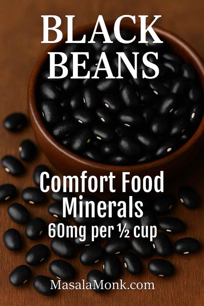 Black beans in a rustic bowl, an essential magnesium deficiency food with 60mg per half cup.