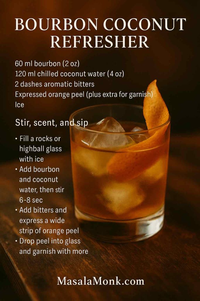 Bourbon Coconut Refresher recipe card: rocks glass with big ice, bourbon + coconut water cocktail under warm tungsten light; expressed orange peel garnish; overlay lists 60 ml bourbon, 120 ml coconut water, 2 dashes bitters, and the stir–scent–sip method; MasalaMonk.com footer.