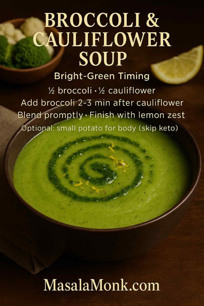 Bright-green broccoli and cauliflower soup with pesto swirl; card notes to add broccoli 2–3 minutes after cauliflower and blend promptly.