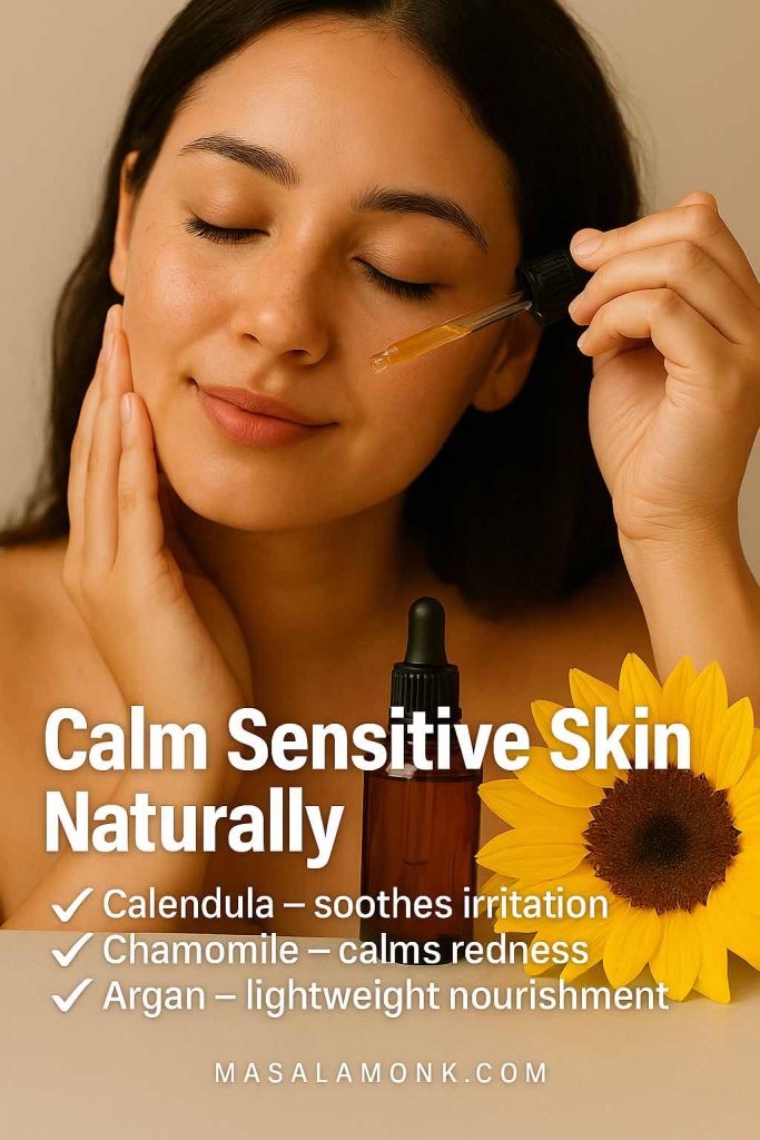 Woman using calendula and chamomile infused oil with argan oil to calm sensitive, irritated skin.