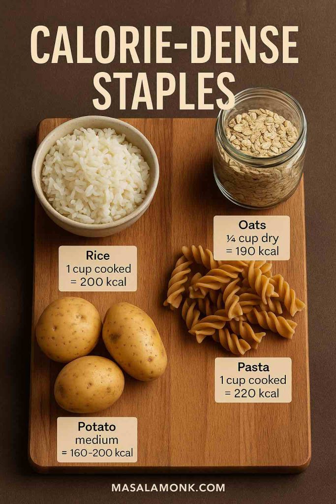 Board with rice, oats, potatoes and pasta showing calories per serving; headline “Calorie-Dense Staples” for Weight Gain Foods.