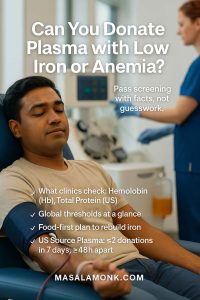 Young man donating plasma in a modern clinic while a nurse prepares the machine; overlaid title reads “Can You Donate Plasma with Low Iron or Anemia?” with bullets on Hb/protein checks, global thresholds, and rebuild tips; MasalaMonk.com footer.