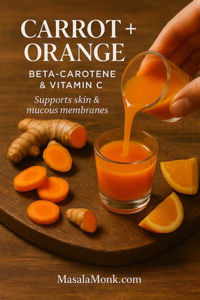 Bright orange carrot turmeric citrus shot with carrot slices, turmeric root, and orange wedges, supporting skin and immunity.
