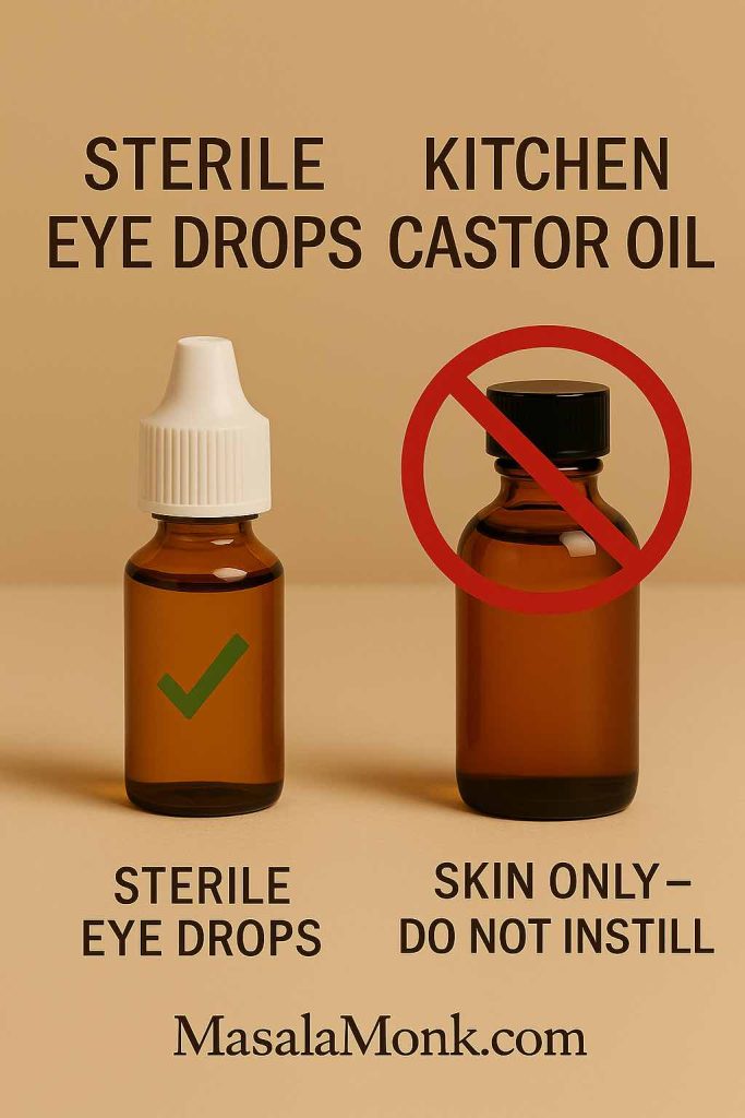 Castor Oil for Eyes safety graphic showing a green-check sterile eye-drop bottle and a red circle-slash over a kitchen castor-oil bottle with ‘Skin only — do not instill.’