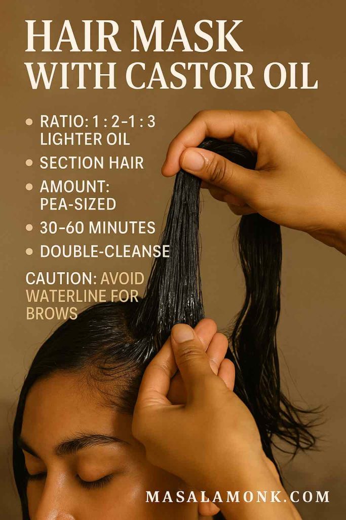 Applying diluted castor-oil pre-wash mask to scalp; ratio 1:2–1:3 with lighter oil, 30–60 minutes, double-cleanse.