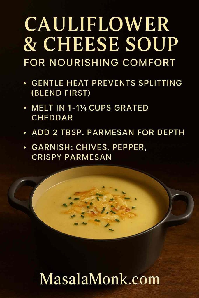 Creamy cauliflower and cheese soup card—blend first, melt in 1–1½ cups cheddar with 2 tbsp Parmesan over gentle heat.