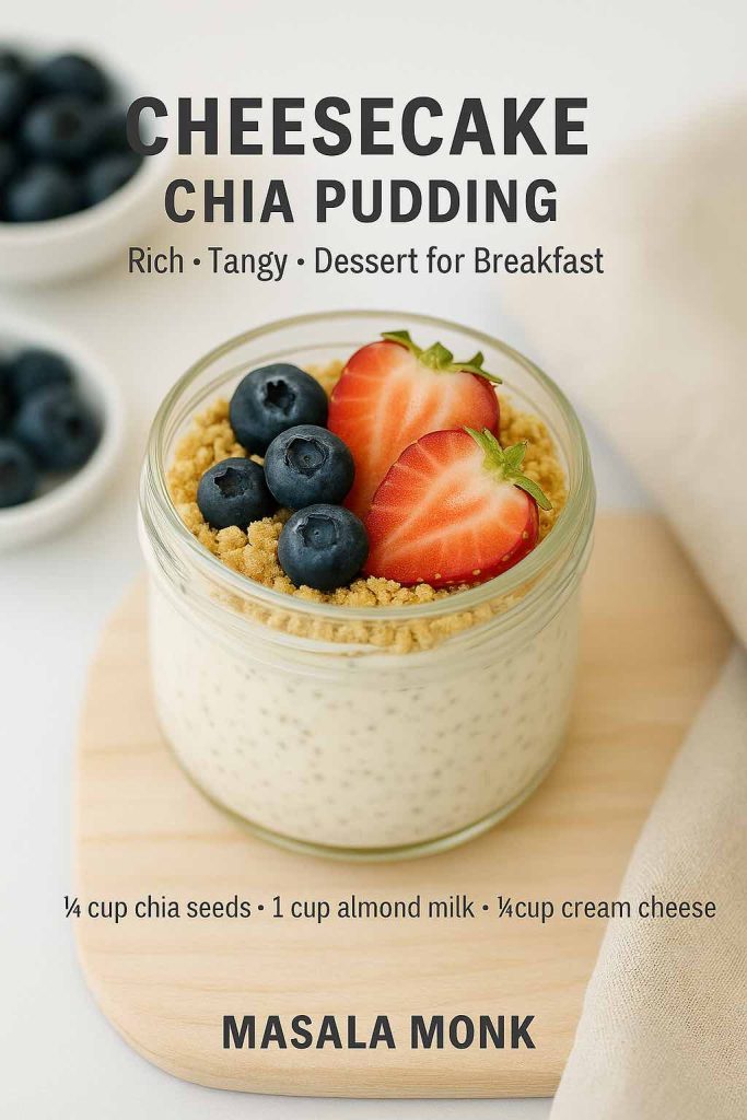 Jar of cheesecake-style chia pudding with cream cheese base, graham cracker topping, strawberries, and blueberries.