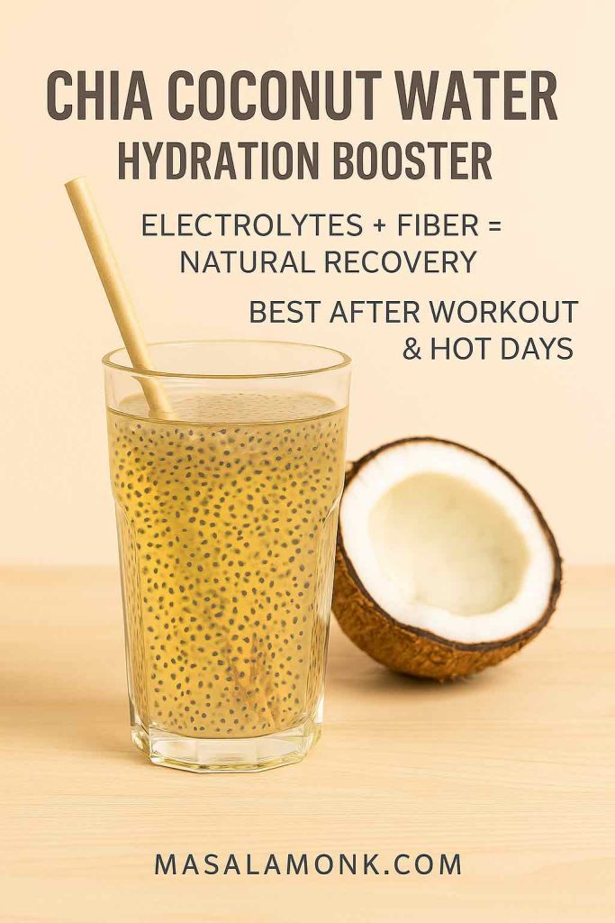 Glass of chia coconut water with golden tint, chia seeds suspended, straw in glass, and halved coconut beside it. Text overlay highlights electrolytes, fiber, and hydration benefits. MasalaMonk.com branding.