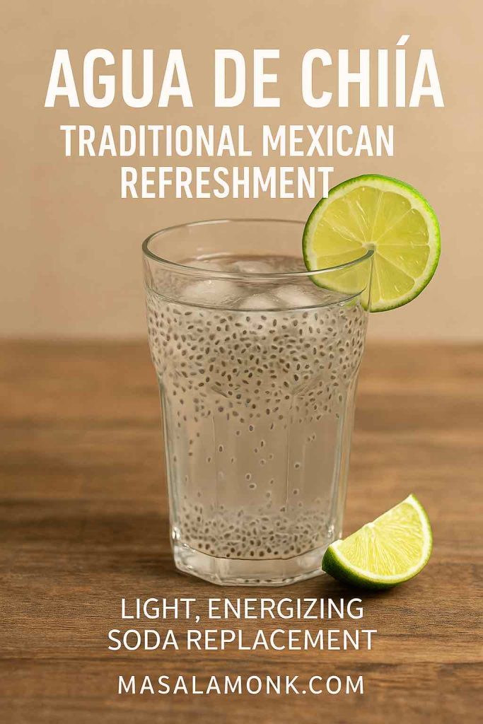 Glass of traditional Mexican chia fresca (agua de chía) with lime wedges and ice on a rustic wooden table. Chia seeds are suspended in the drink, with text overlay highlighting it as a light, energizing soda replacement. MasalaMonk.com branding.
