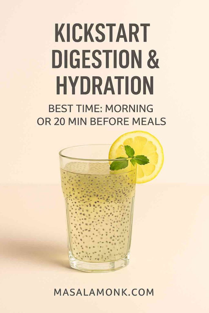 Glass of chia lemon water with mint garnish, highlighting chia seeds hydrated in water, with text overlay emphasizing digestion and hydration benefits and morning timing. MasalaMonk.com branding.
