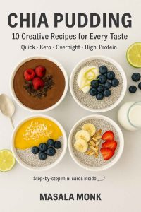 Food blog cover showing four different chia pudding recipes in jars.