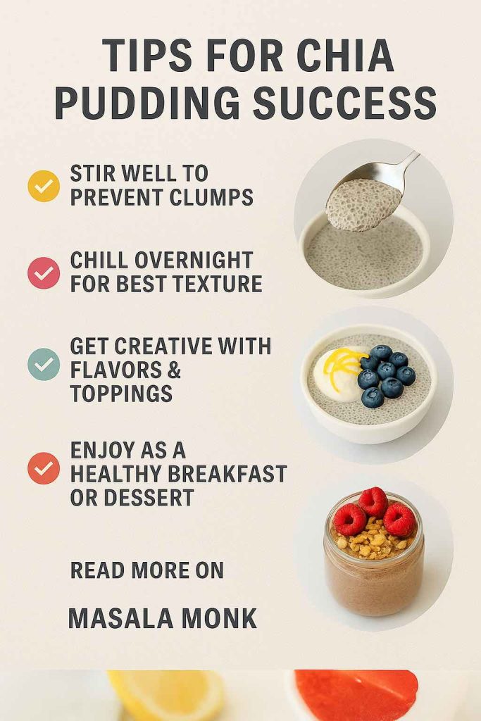 Graphic card with chia pudding tips and call to action to explore more recipes on MasalaMonk.