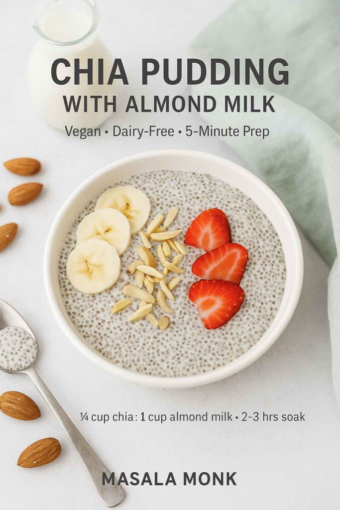 Bowl of chia pudding with almond milk topped with banana slices, strawberries, and slivered almonds.