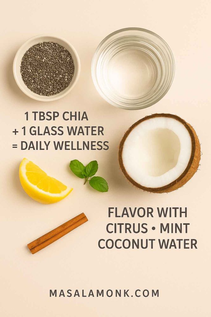 Flat lay of chia seed water ingredients: bowl of chia seeds, glass of water, half coconut, lemon wedge, mint leaves, and cinnamon stick, with overlaid text highlighting chia seed water basics. MasalaMonk.com branding.