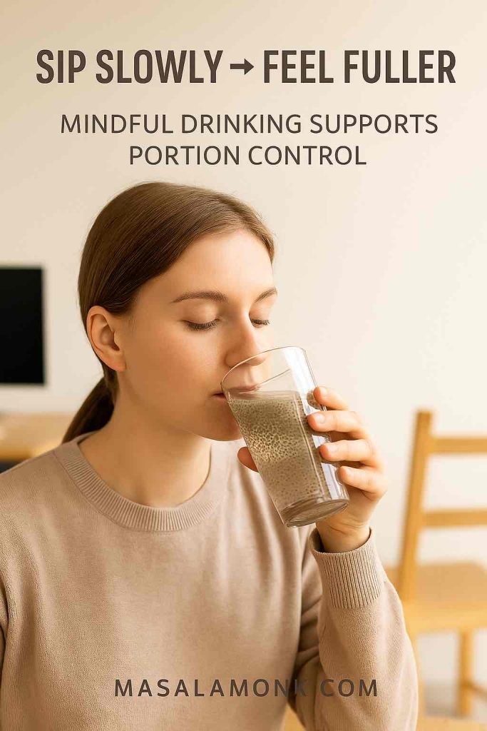 Young woman sitting at a table sipping a glass of chia seed water, with text overlay emphasizing mindful drinking, satiety, and portion control. MasalaMonk.com branding.