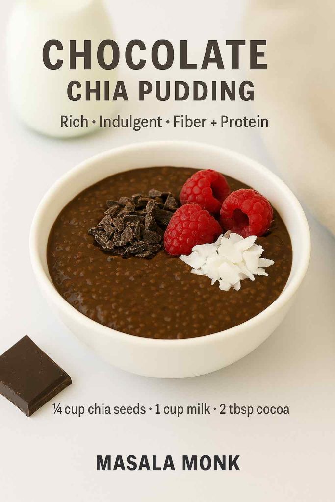 Bowl of chocolate chia pudding with raspberries, shredded coconut, and chocolate pieces.