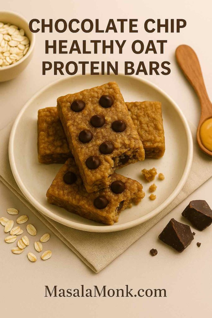 Chocolate chip oatmeal protein bars on a plate with scattered dark chocolate chips.