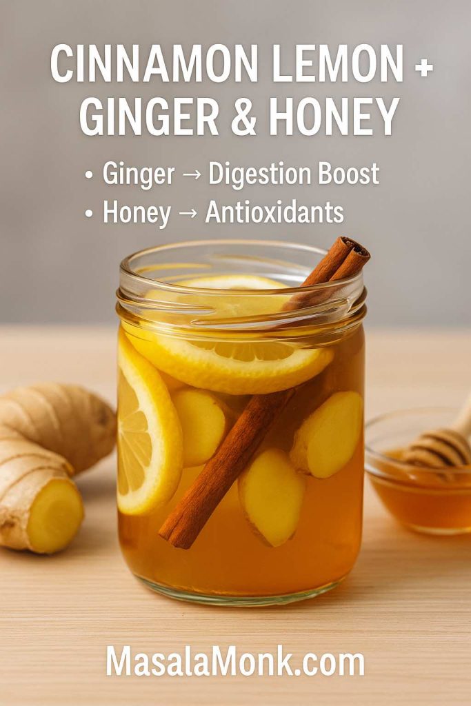 Glass jar of cinnamon lemon water with lemon slices, cinnamon stick, fresh ginger, and honey, with overlay text highlighting digestion and antioxidant benefits.