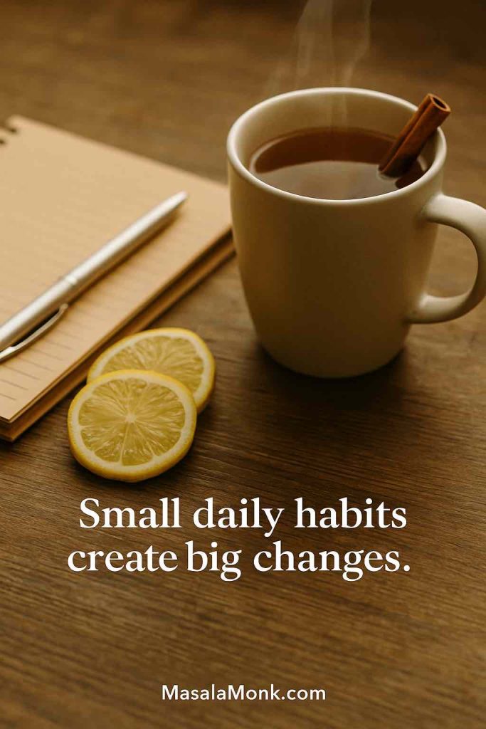 Cup of cinnamon lemon tea with notebook, pen, and lemon slices on a rustic desk, with motivational text overlay: Small daily habits create big changes.