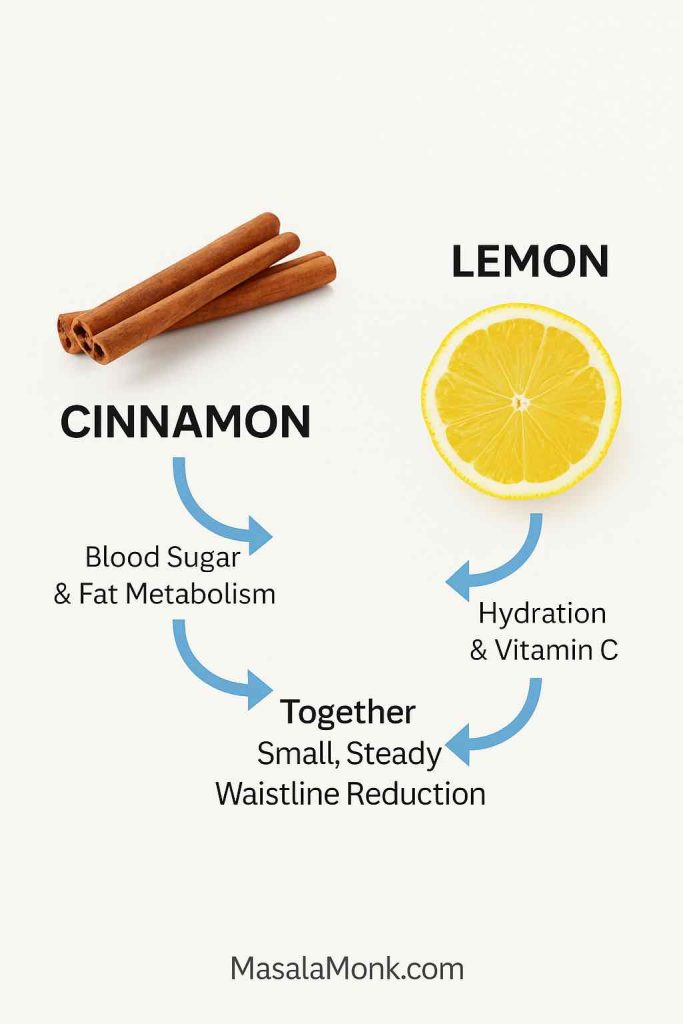 Infographic showing how cinnamon supports blood sugar control and fat metabolism, lemon provides hydration and vitamin C, and together they support belly fat reduction.