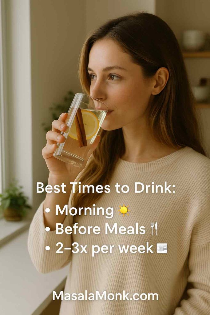 Woman sipping cinnamon lemon water in a bright morning kitchen with overlay text showing best times to drink: morning, before meals, 2–3 times per week.