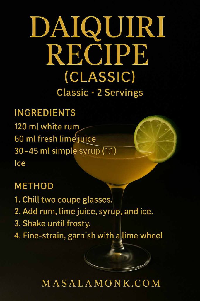 Classic Daiquiri in a chilled coupe with lime wheel on a dark backdrop; recipe card overlay listing ingredients and shake–fine-strain method.