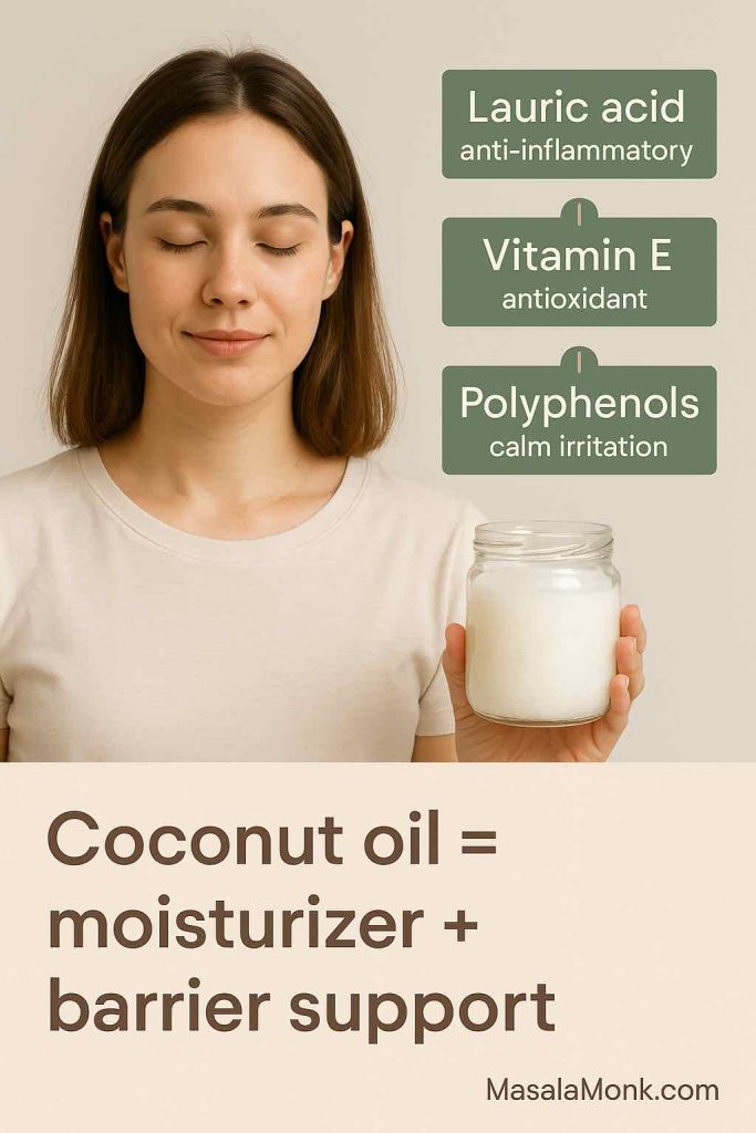 Portrait of a person holding coconut oil jar with text highlighting lauric acid, vitamin E, and polyphenols as key skin-friendly nutrients.