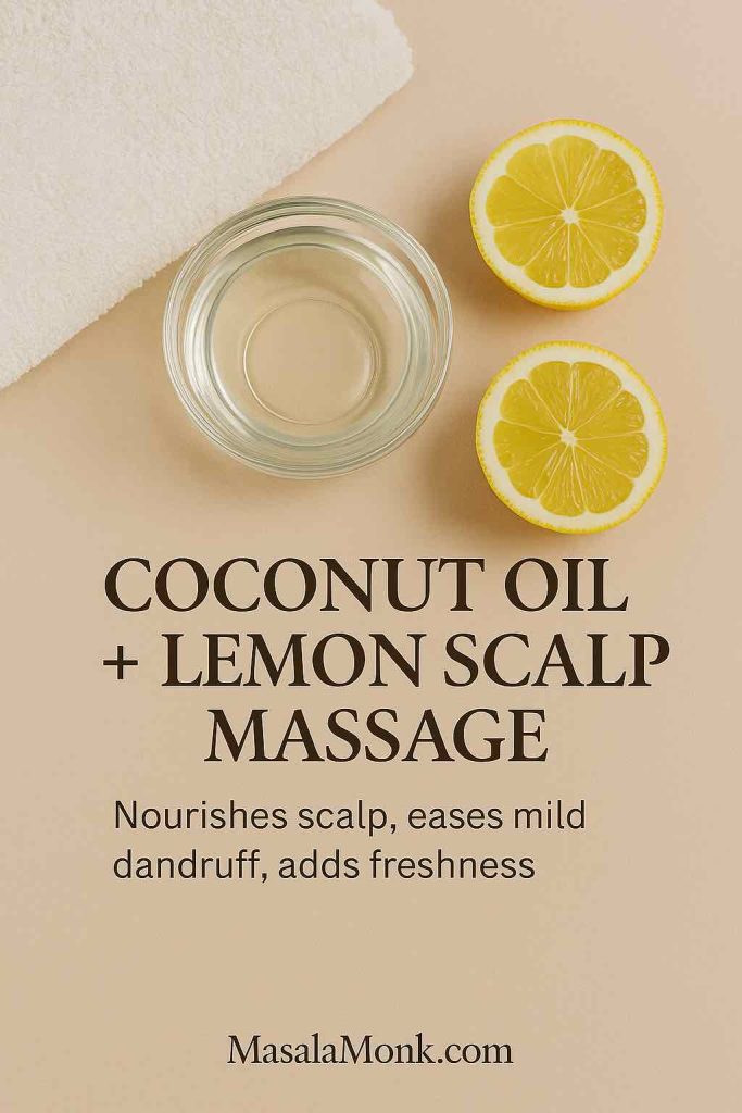 Flat-lay of a glass bowl of coconut oil, two halved lemons, and a folded towel on a beige surface. Magazine-style educational image with overlay text: Coconut Oil + Lemon Scalp Massage — Nourishes scalp, eases mild dandruff, adds freshness — MasalaMonk.com.
