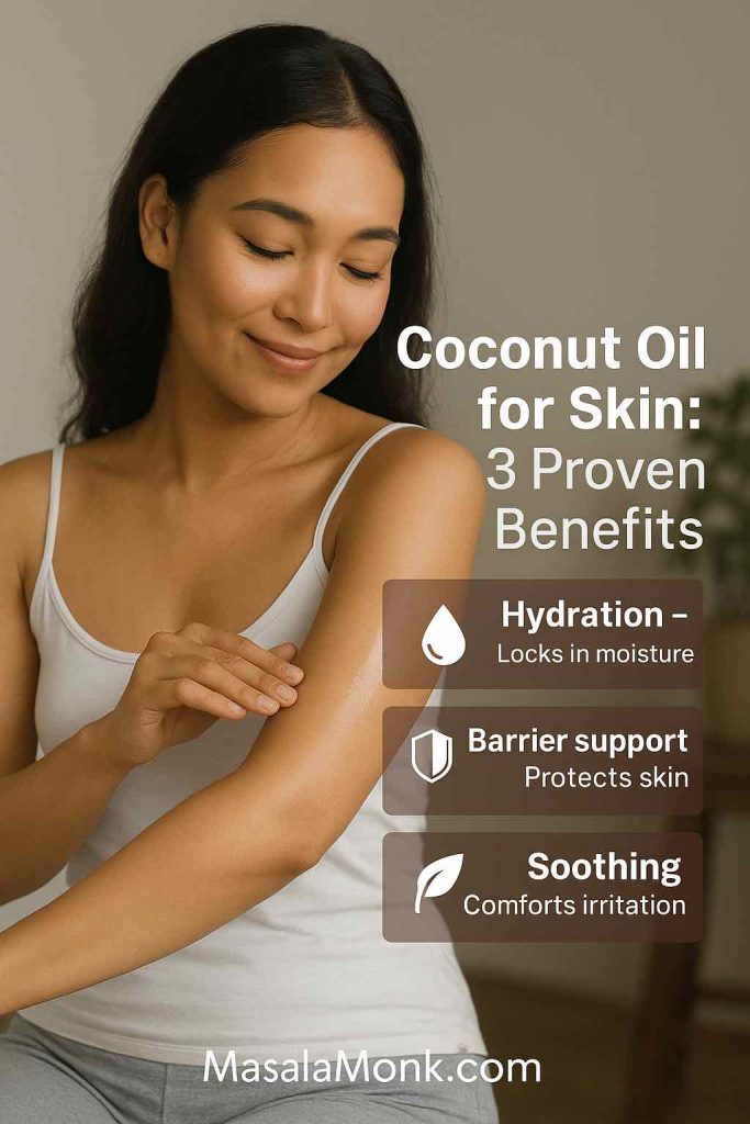 Woman applying coconut oil on arm showing skin hydration, barrier support, and soothing benefits.