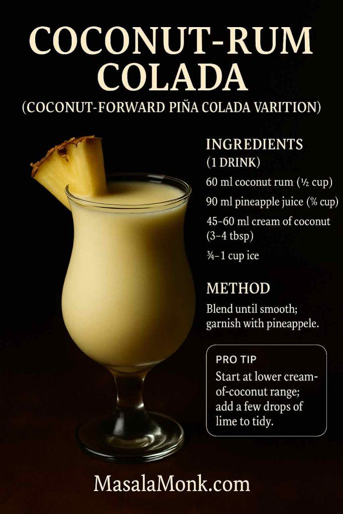 Coconut-Rum Colada recipe card—coconut-forward piña colada in a hurricane glass, moody portrait, MasalaMonk footer