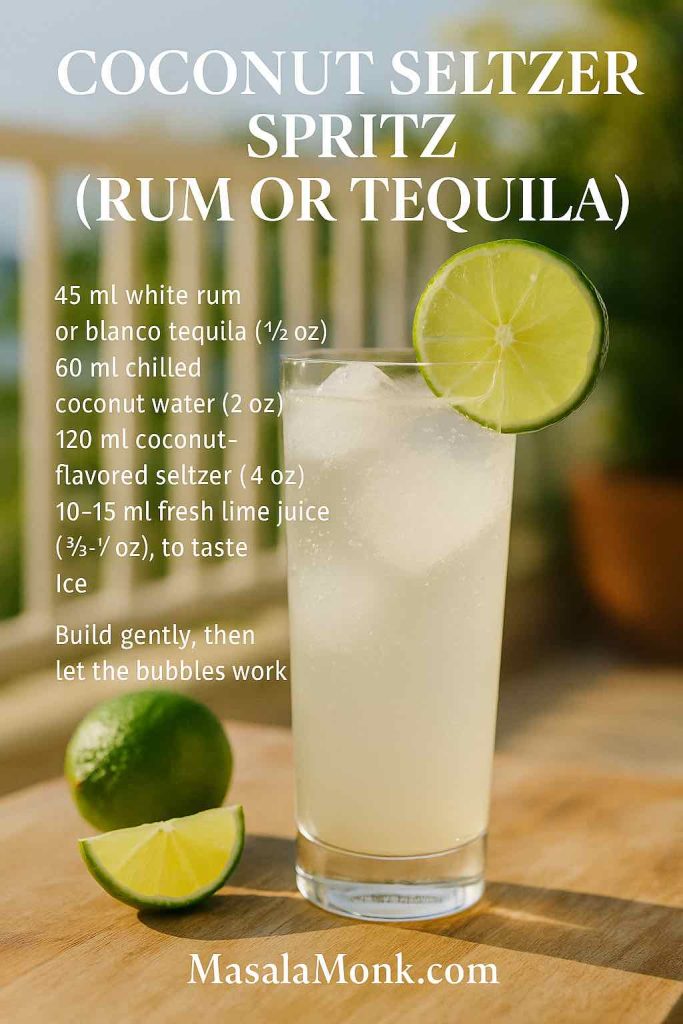 Coconut Seltzer Spritz recipe card: tall bubbly cocktail on a sunlit balcony, lime wheel garnish; overlay lists 45 ml rum or blanco tequila, 60 ml coconut water, 120 ml seltzer, 10–15 ml lime, and ‘build gently, then let the bubbles work’; MasalaMonk.com footer.