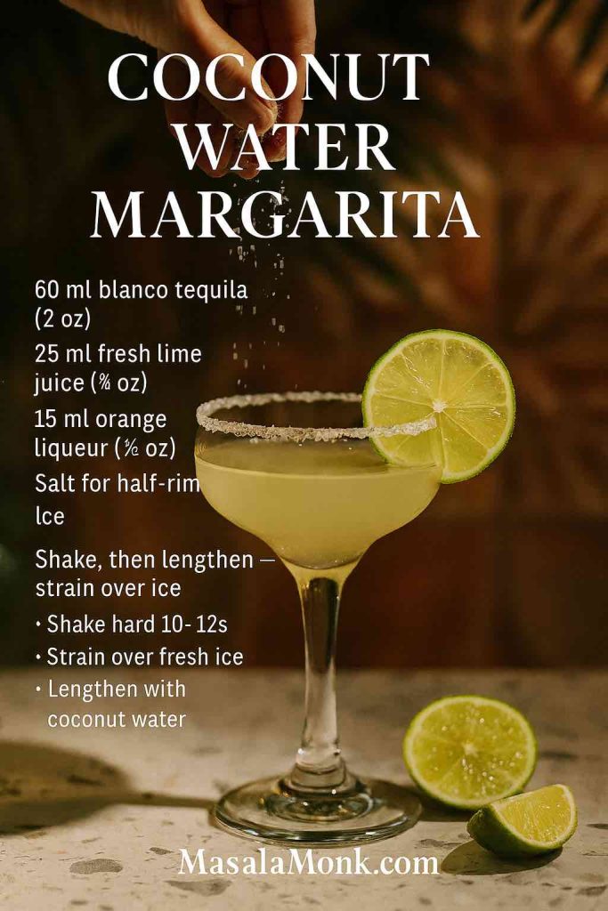 Coconut Water Margarita recipe card: stemmed margarita glass with salted half-rim and lime wheel, hand sprinkling salt; golden-hour bar lighting; overlay shows 60 ml tequila, 25 ml lime, 15 ml orange liqueur, and coconut water to lengthen; MasalaMonk.com footer.