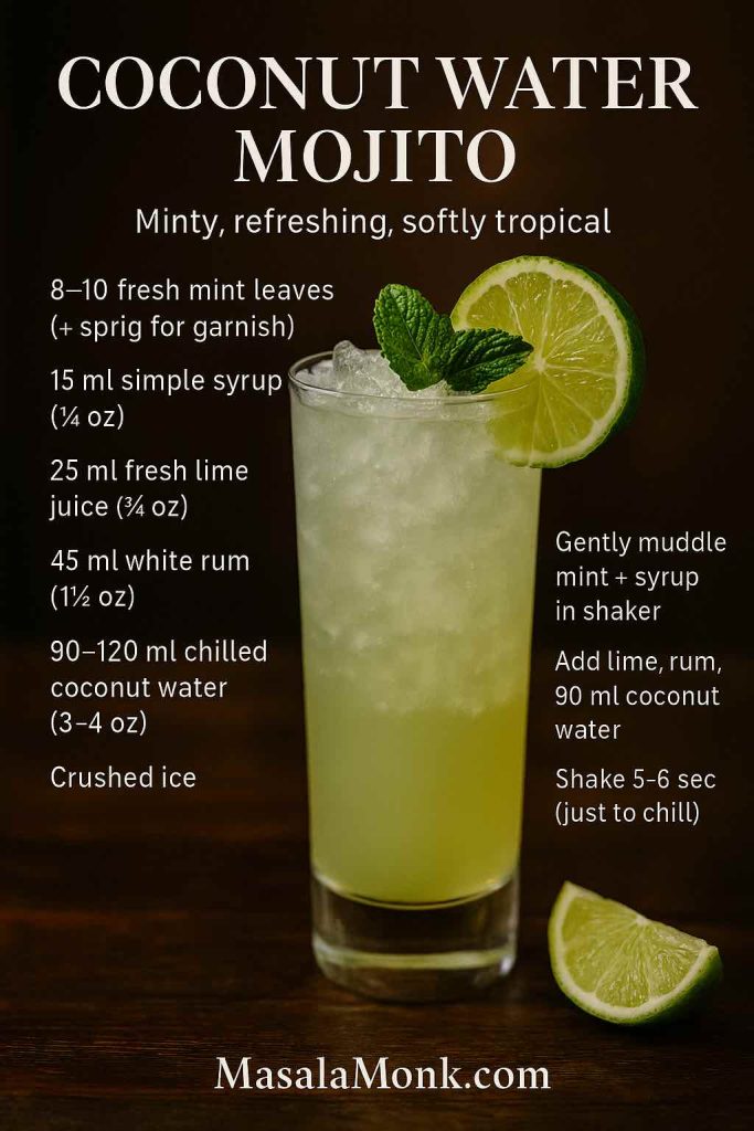 Coconut Water Mojito recipe card: crushed-ice highball with mint and lime; overlay lists 8–10 mint leaves, 15 ml syrup, 25 ml lime, 45 ml white rum, and 90–120 ml coconut water with brief shake-then-top method; MasalaMonk.com footer; cinematic wood-bar lighting.