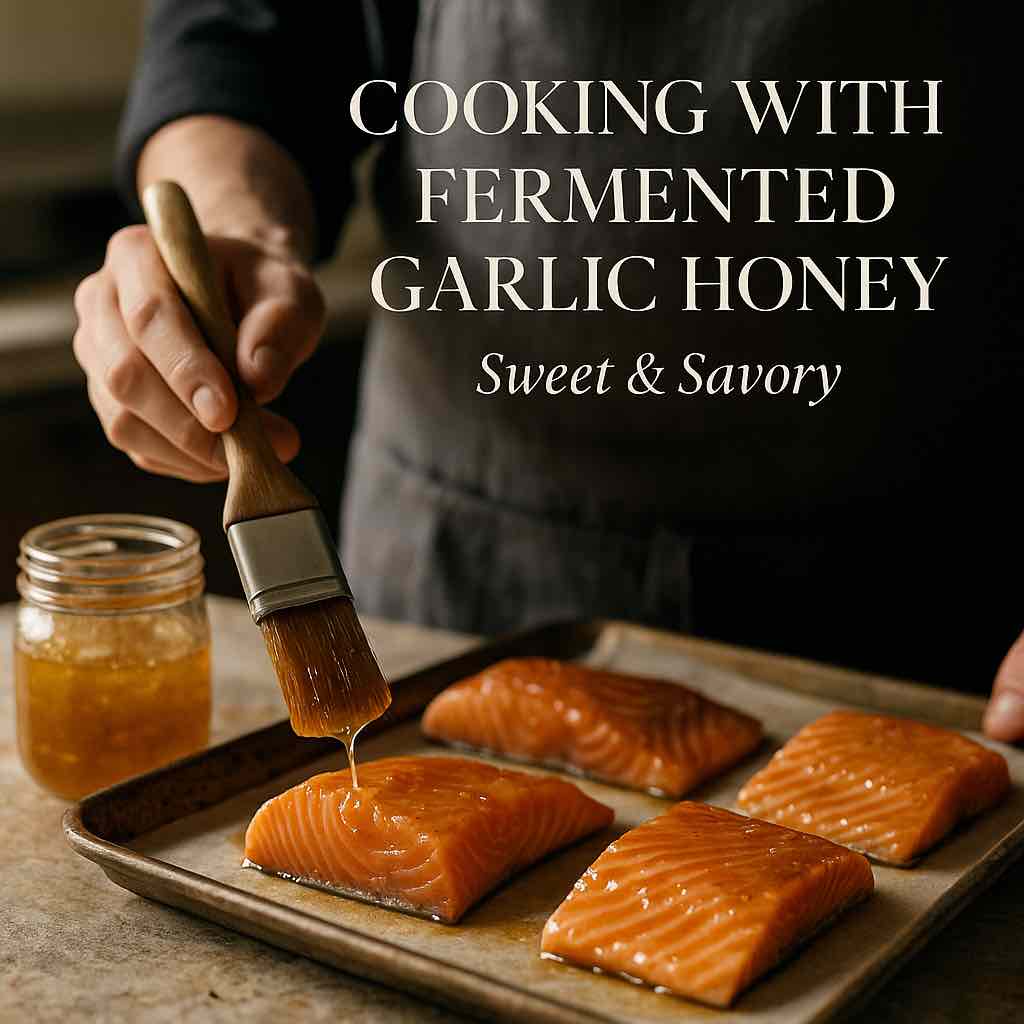 Chef brushing fermented garlic honey glaze onto salmon fillets before roasting.