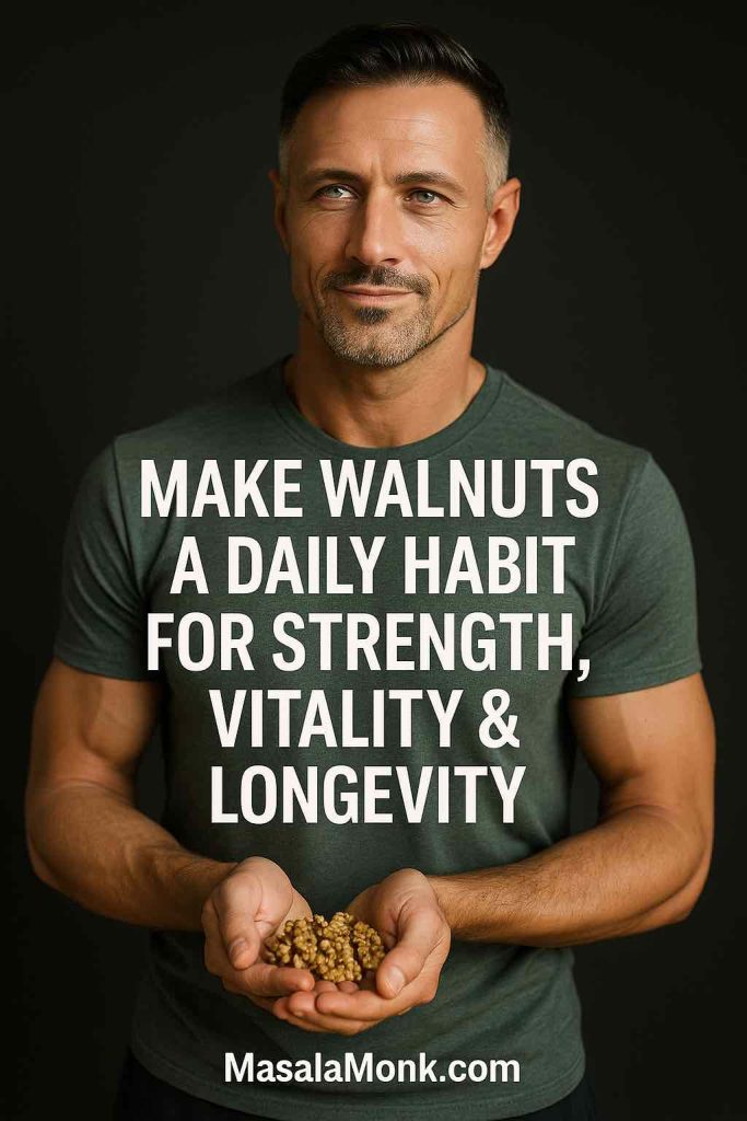 Man holding walnuts in his hands, symbolizing daily walnut intake for strength, vitality, and longevity.