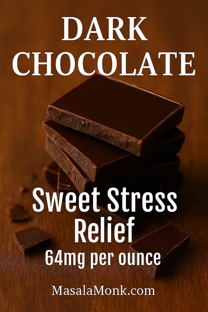 Dark chocolate squares on a wooden table, a sweet magnesium deficiency food containing 64mg per ounce.