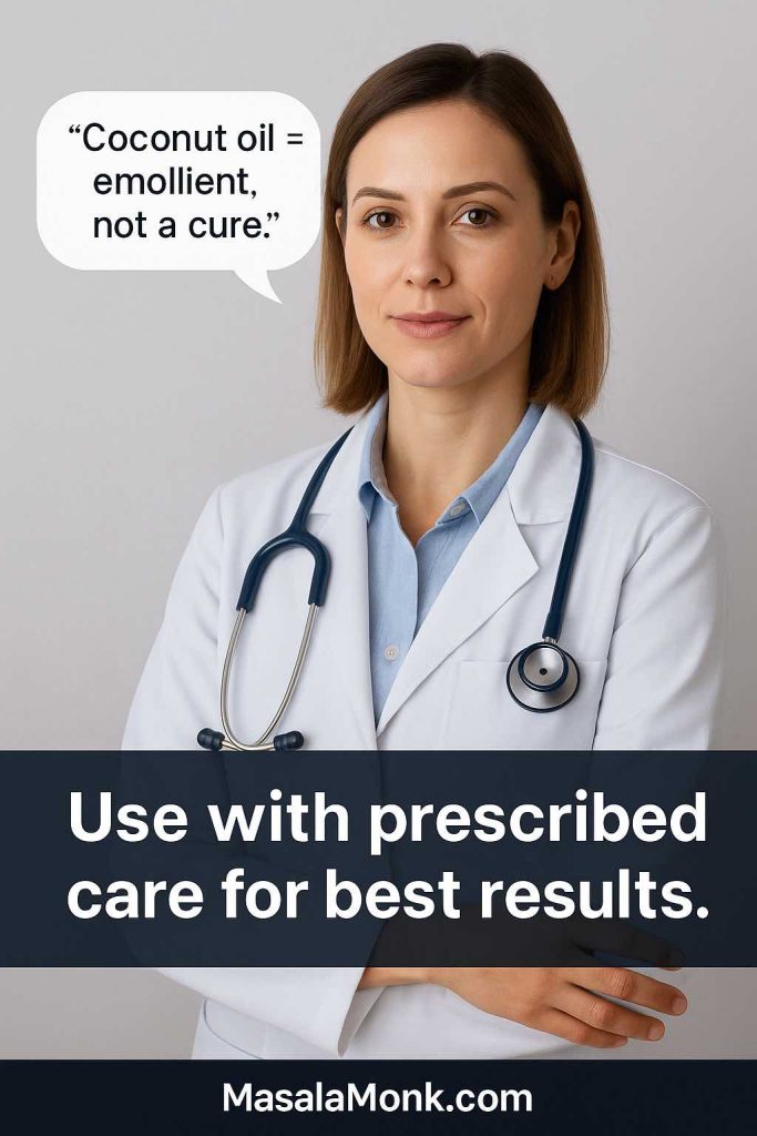 Portrait of dermatologist with speech bubble saying “Coconut oil = emollient, not a cure,” emphasizing professional guidance for psoriasis care.