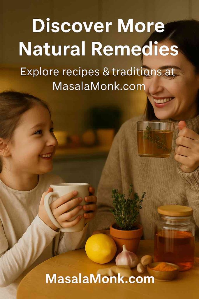 A smiling mother and daughter enjoying herbal drinks in a cozy kitchen with honey, garlic, turmeric, and herbs on the counter. Text overlay reads “Discover More Natural Remedies — Explore recipes & traditions at MasalaMonk.com.” Encouraging readers to explore natural cough remedies further.