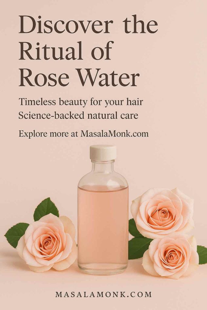 High-resolution promotional image of a glass bottle of rose water surrounded by pale pink roses on a pastel pink background, with overlay text reading “Discover the Ritual of Rose Water,” highlighting its timeless and science-backed beauty benefits, footer MasalaMonk.com.
