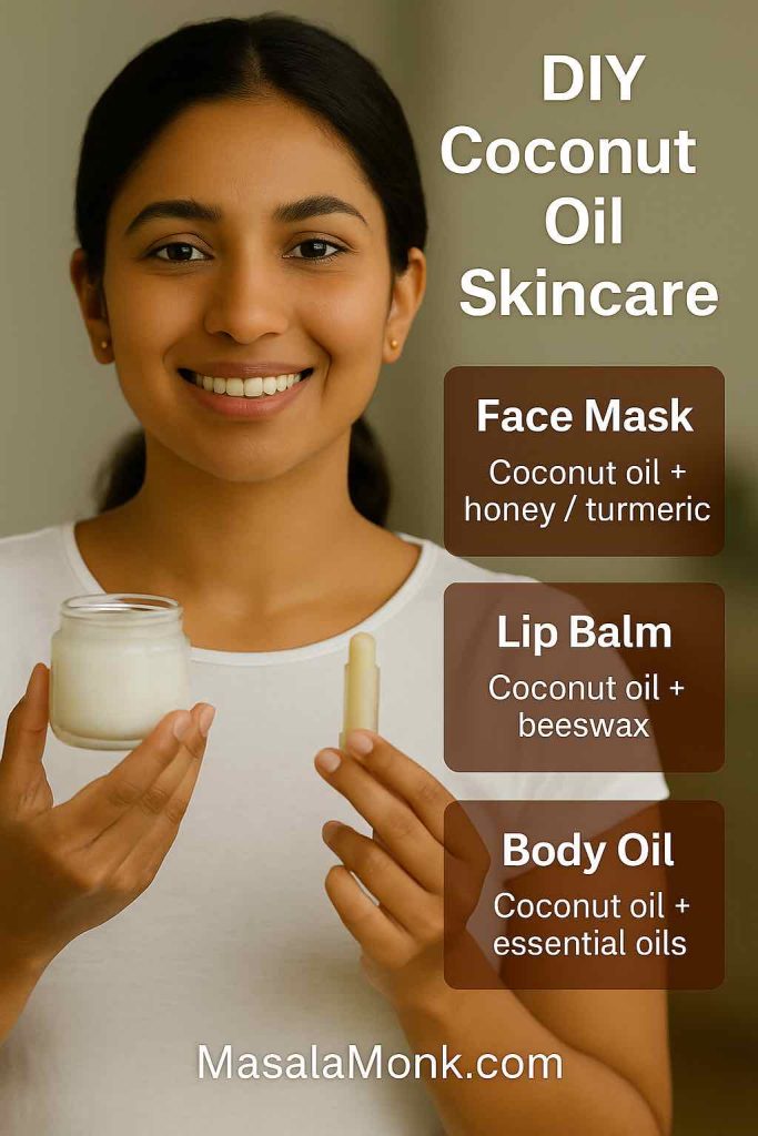 Smiling woman holding coconut oil jar and lip balm with DIY skincare recipes for face mask, lip balm, and body oil.