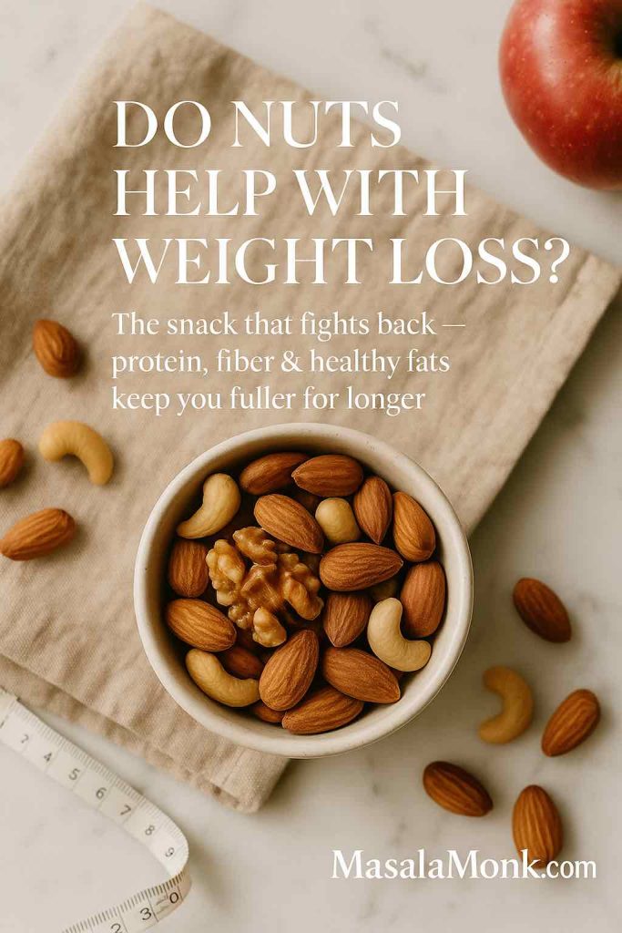 Top-down bowl of mixed nuts on beige linen with text “Do nuts help with weight loss?” and MasalaMonk.com footer.