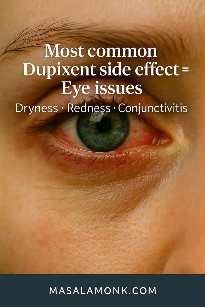 Close-up of a human eye with subtle redness, representing common eye-related side effects of Dupixent (dupilumab). Text overlay reads: “Most common Dupixent side effect = Eye issues. Dryness • Redness • Conjunctivitis.” MasalaMonk.com footer included.