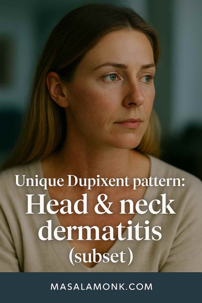 Portrait of a person with visible redness on the neck and jawline, representing the unique Dupixent side effect known as head and neck dermatitis. Text overlay reads: “Unique Dupixent pattern: Head & neck dermatitis (subset).” MasalaMonk.com footer included.