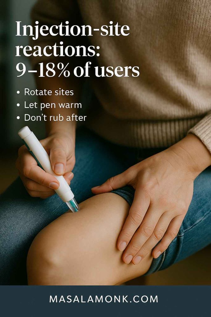 Close-up of a person self-administering a Dupixent (dupilumab) injection in the thigh. Text overlay reads: “Injection-site reactions: 9–18% of users. Rotate sites • Let pen warm • Don’t rub after.” MasalaMonk.com footer included.