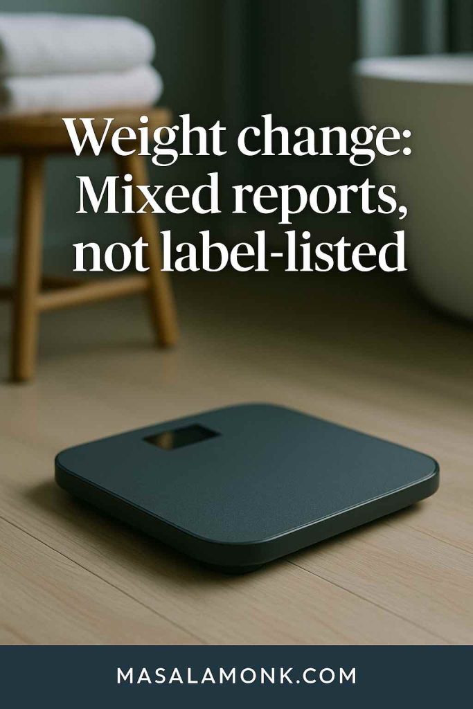 Modern bathroom scene with a minimal, stylish bathroom scale in focus, representing concerns about weight change during Dupixent (dupilumab) treatment. Text overlay reads: “Weight change: Mixed reports, not label-listed.” MasalaMonk.com footer included.