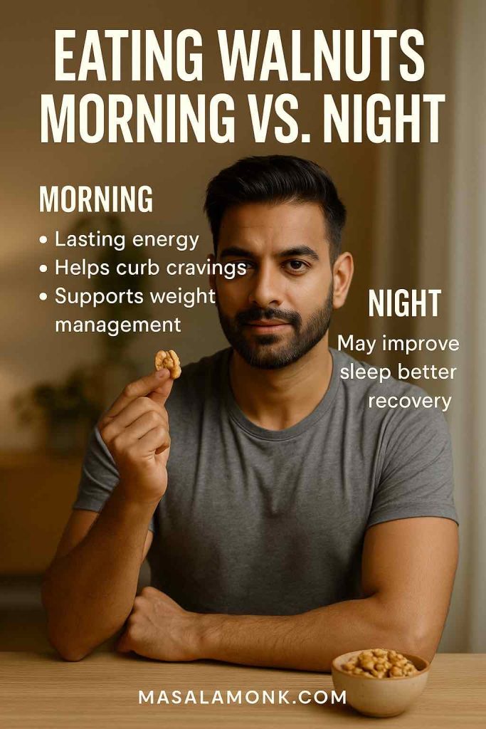 Man holding a walnut with text comparing benefits of eating walnuts in the morning vs night.