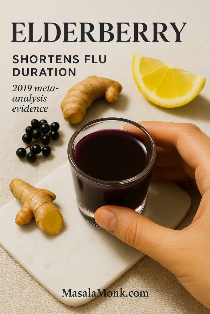 Deep purple elderberry ginger immunity shot with fresh elderberries, ginger, and lemon, promoting flu-season support.